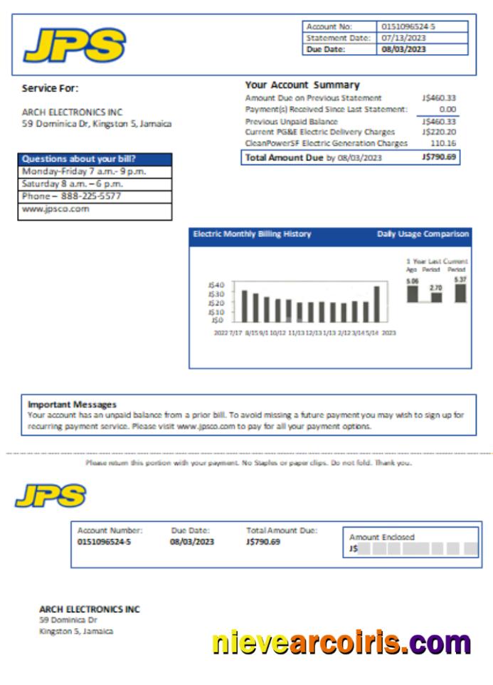 Jamaica Public Service Co Ltd (JPS) electricity utility business bill